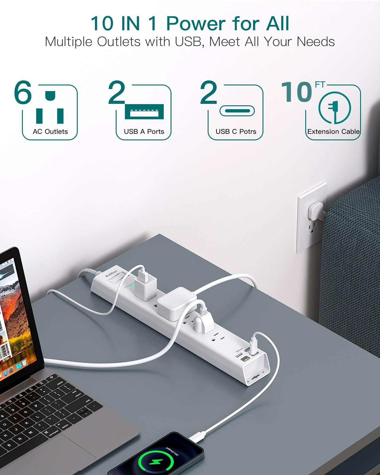 Addtam 6-outlet surge protector accommodates multiple devices at once.
