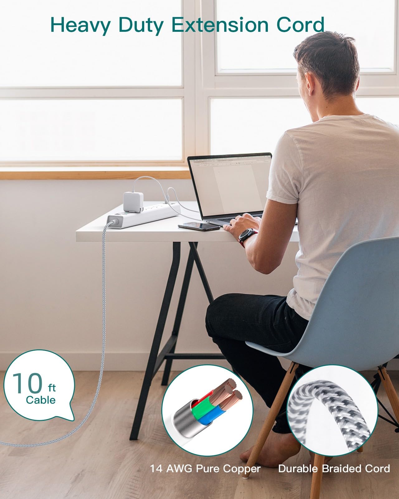 Addtam organized desk with devices charging from a compact power strip.