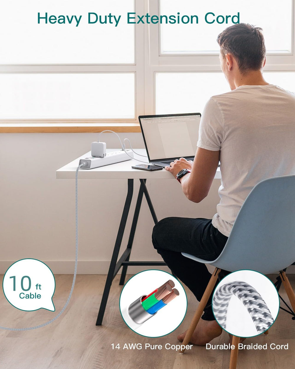 Addtam organized desk with devices charging from a compact power strip.
