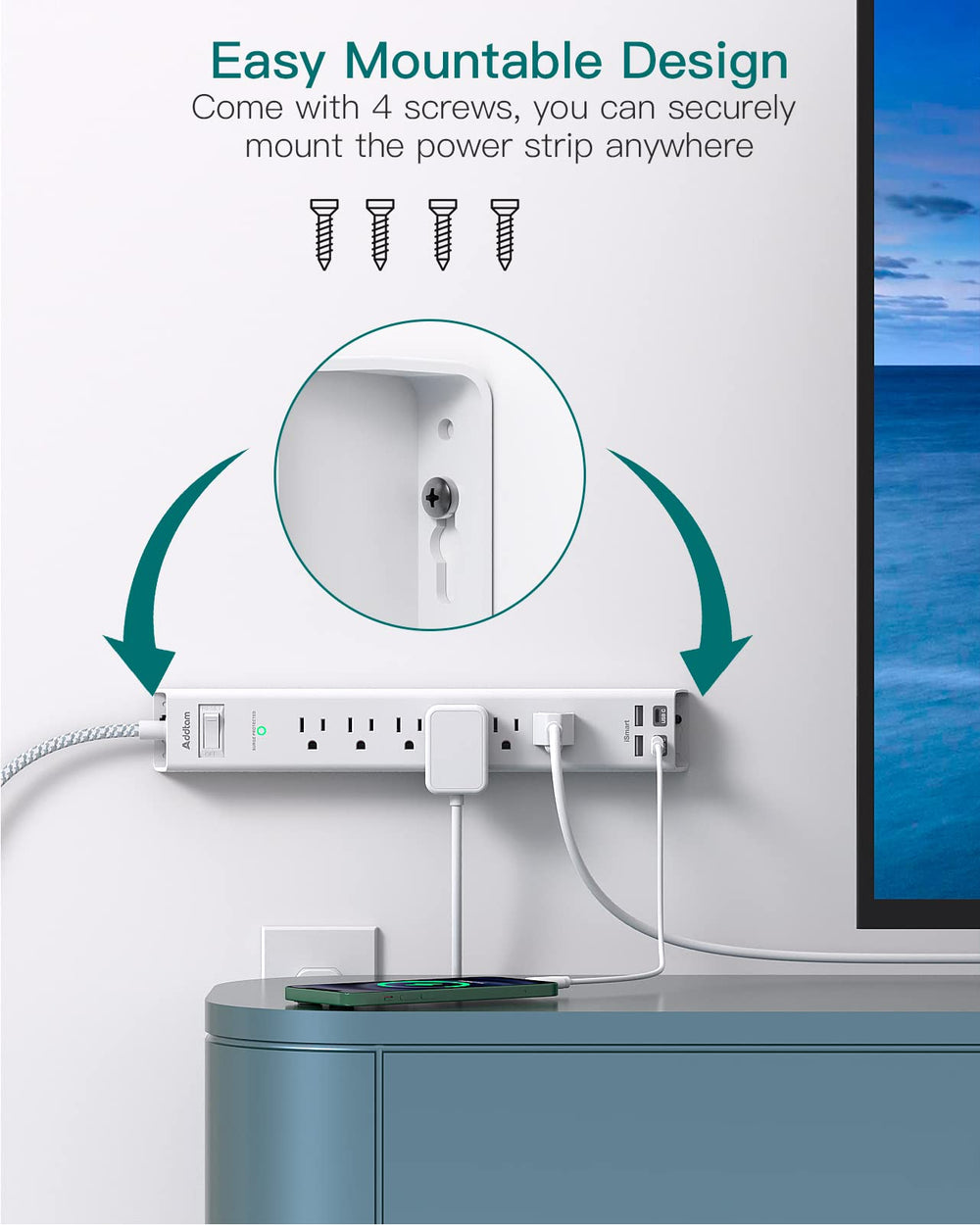 Addtam flat plug sits flush for a slim wall profile.