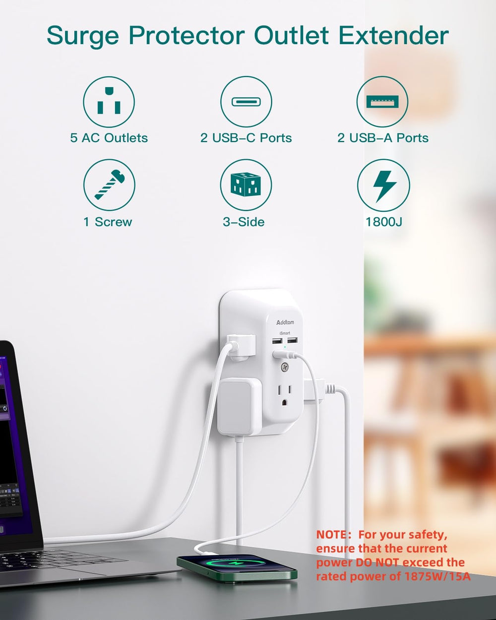 Addtam five-outlet splitter with USB ports supports multiple devices at once.