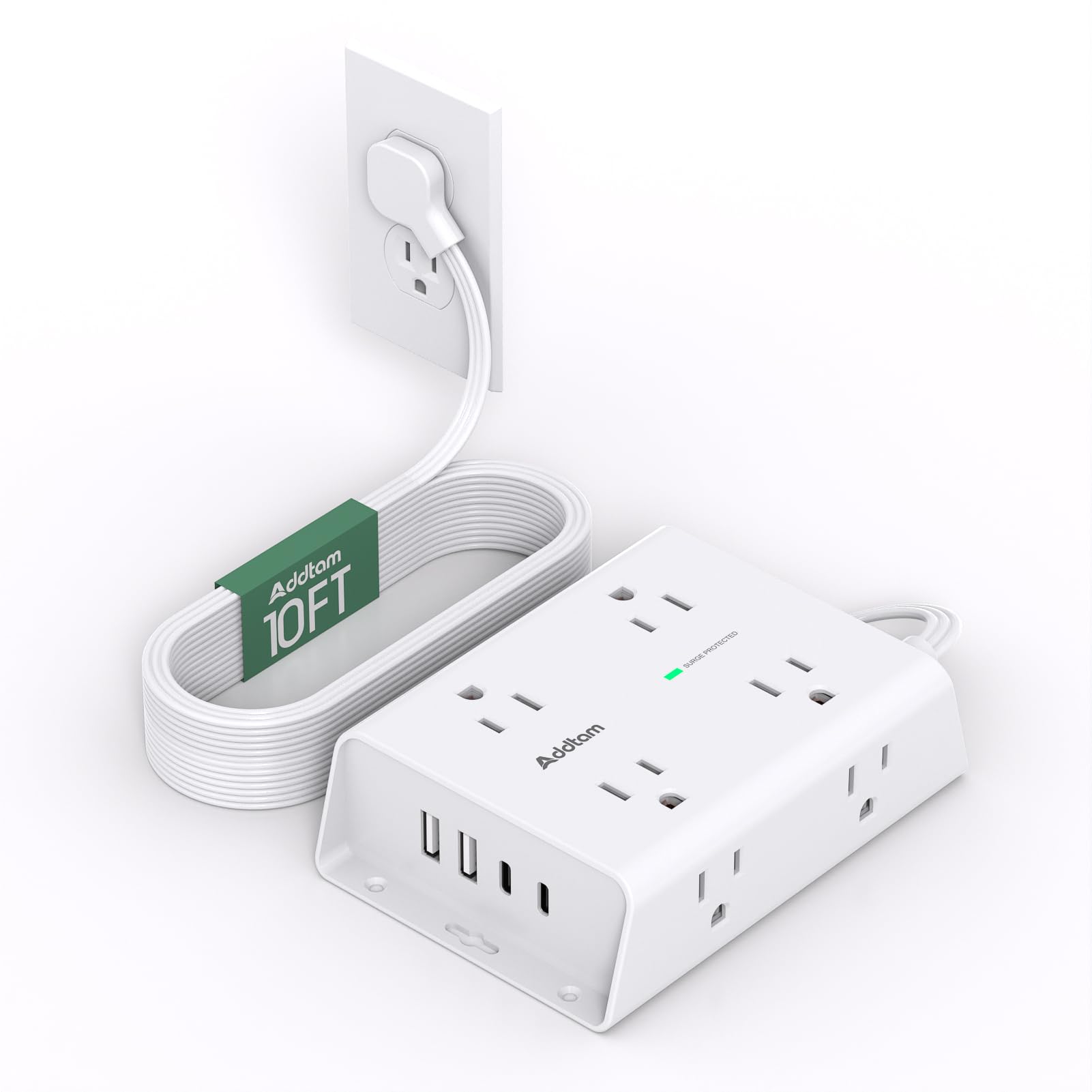 Addtam flat plug extension 10ft displays space-saving profile for tight spaces.