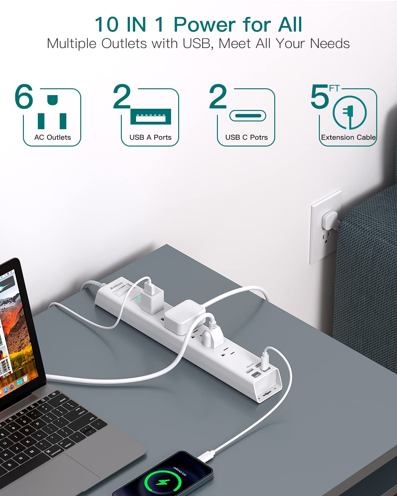 Addtam flat plug extension cord keeps outlets hidden behind furniture.