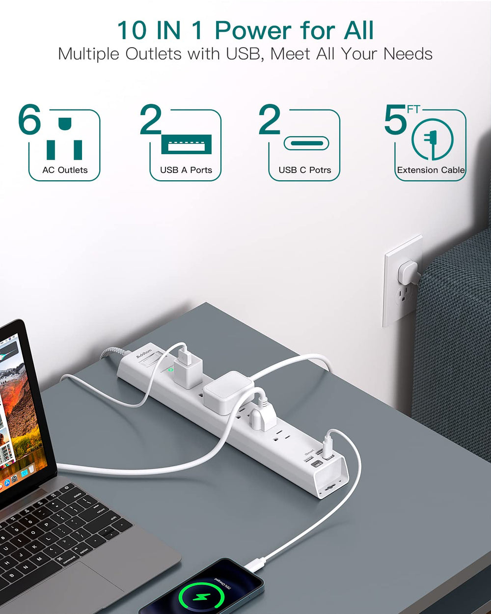 Addtam flat plug extension cord keeps outlets hidden behind furniture.