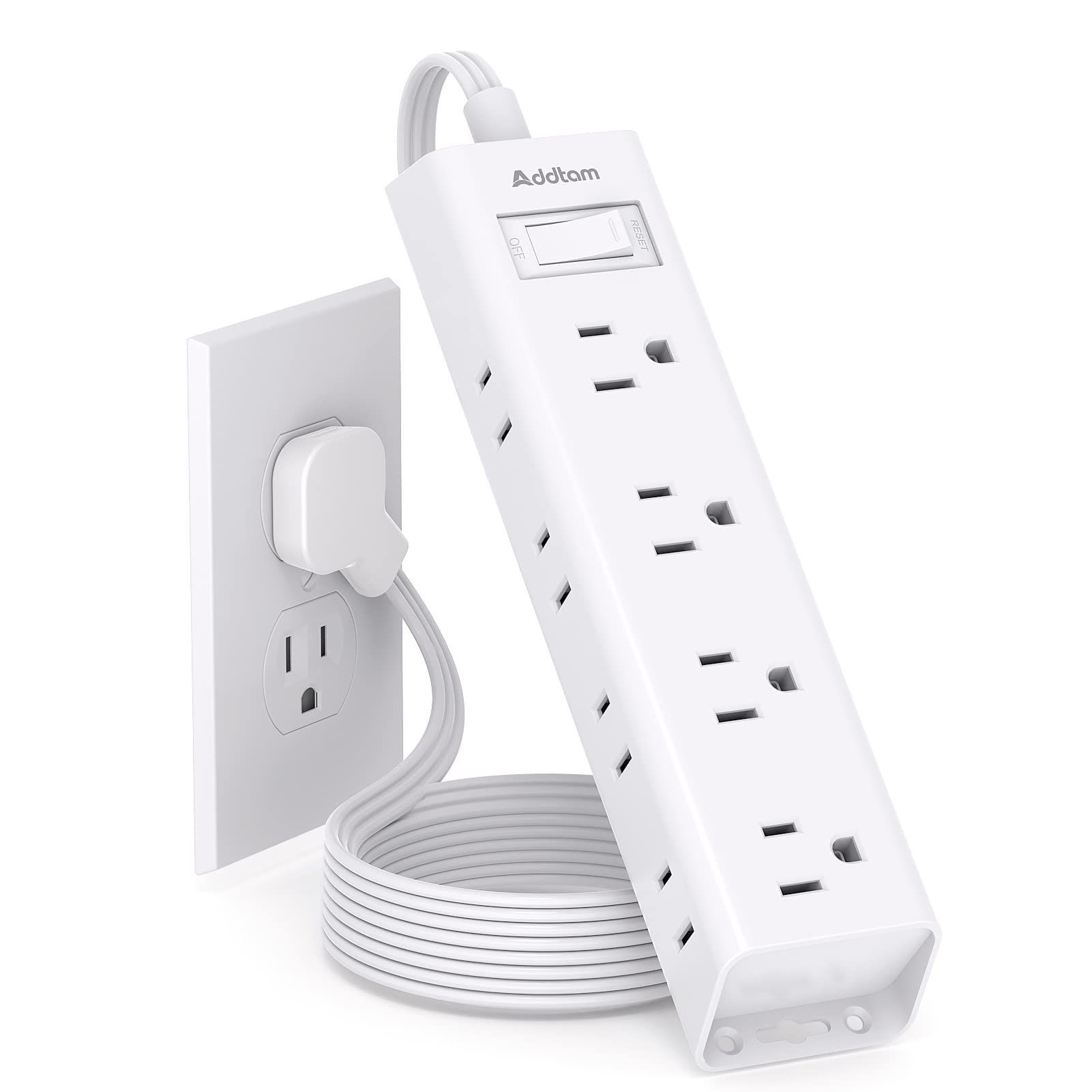 Addtam flat plug power strip front view with 12 outlets for clutter-free charging