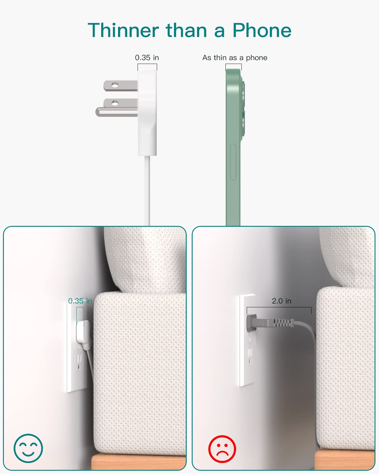 Addtam flat plug power strip side-ports enabling multiple devices without blocking adapters