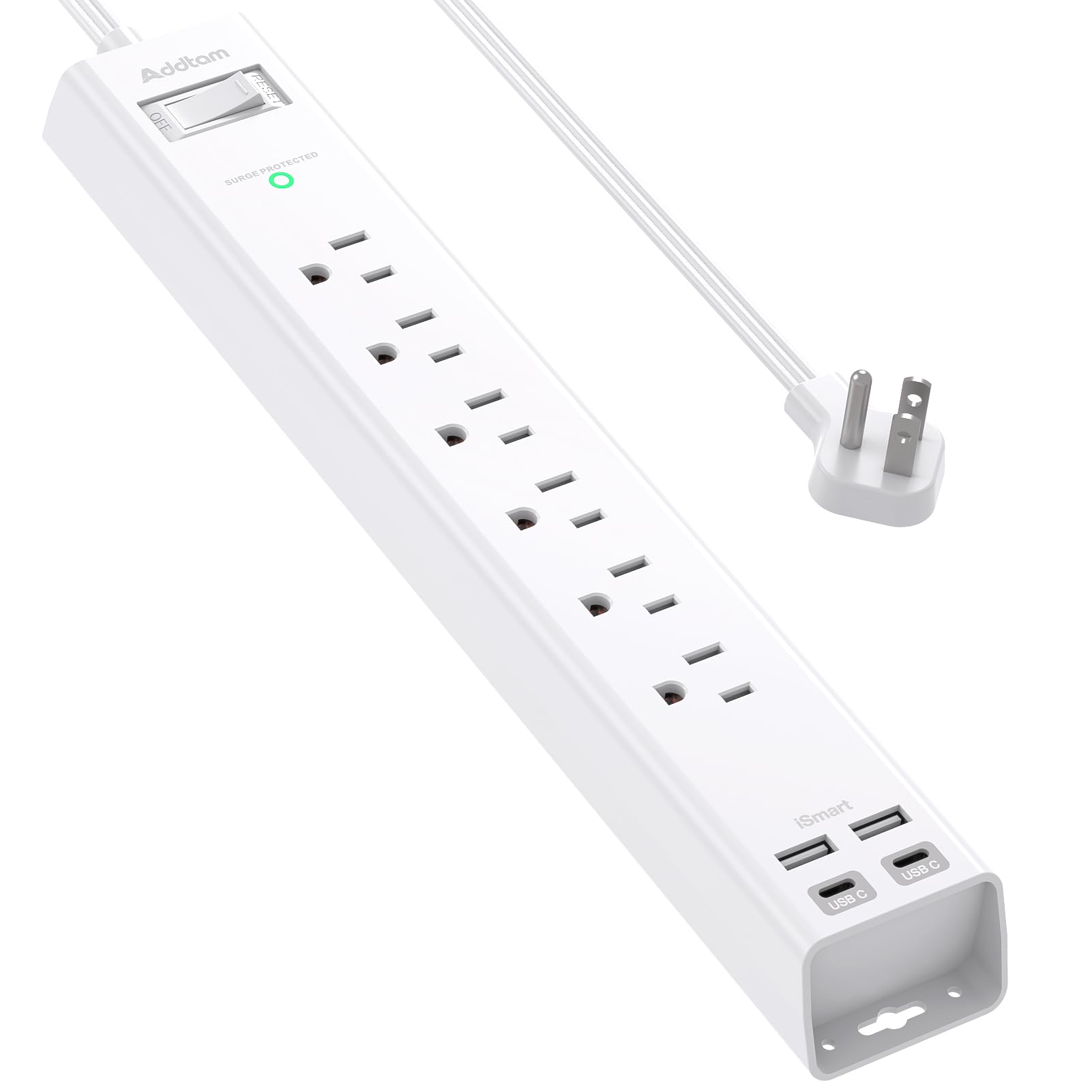 Addtam flat-plug power strip keeps wall space clear and cords organized.
