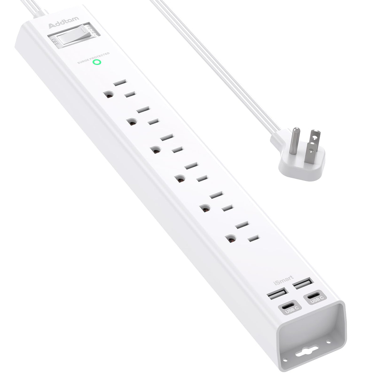 Addtam flat-plug power strip keeps wall space clear and cords organized.
