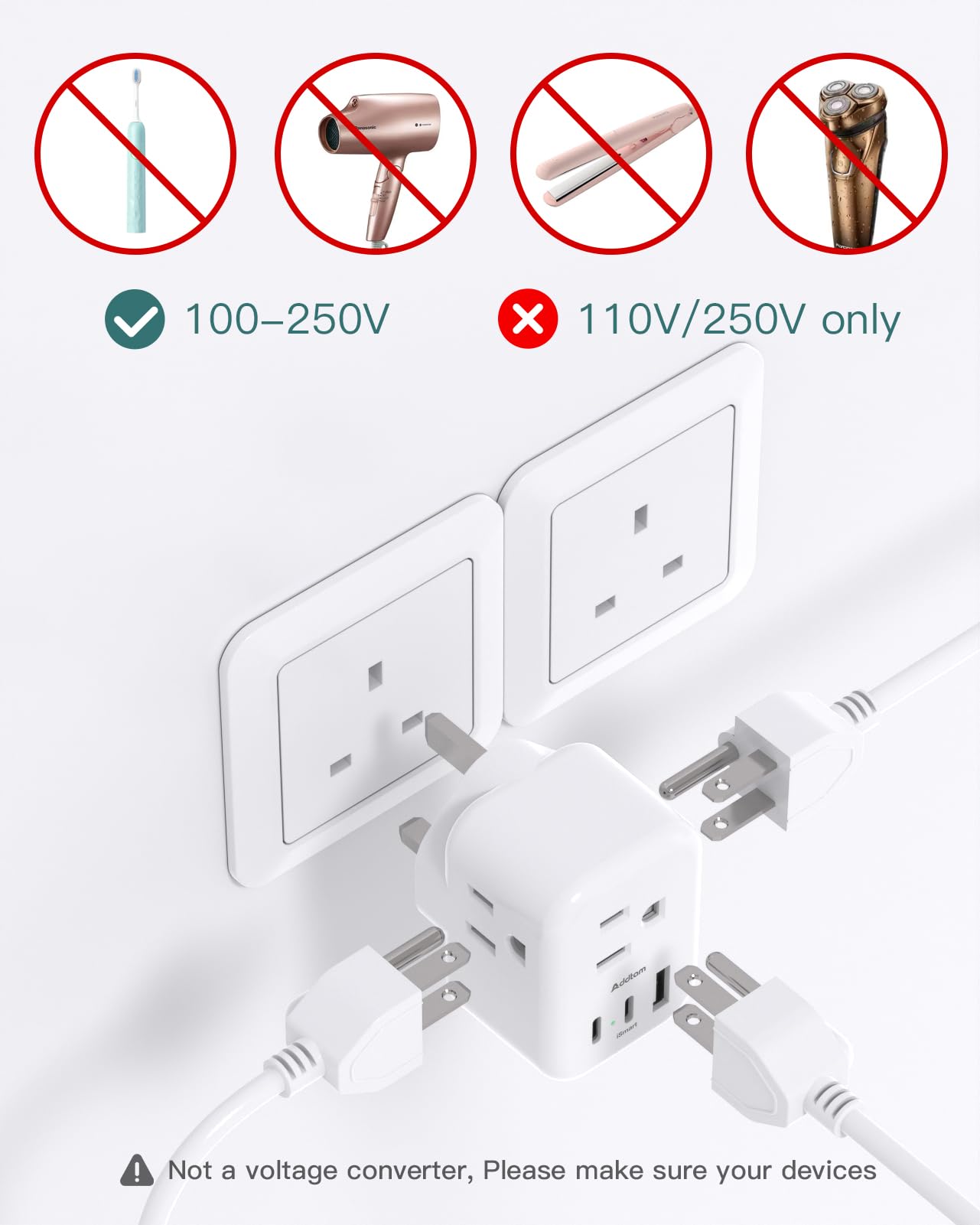 Note: not a voltage converter; supports 110-250V devices.