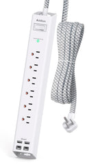 Addtam power strip with flat plug and 6 outlets ideal for space-saving dorms.