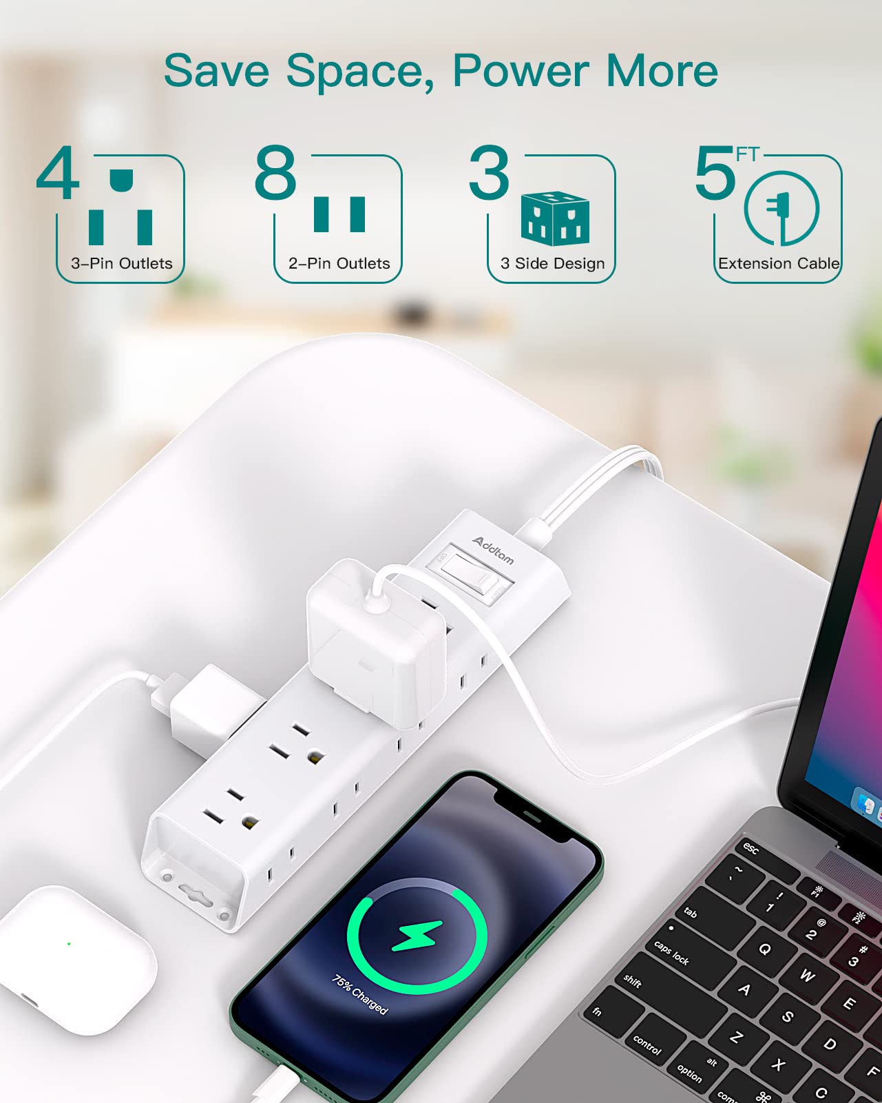 Addtam power strip wall-mount ready for secure desk or wall setup