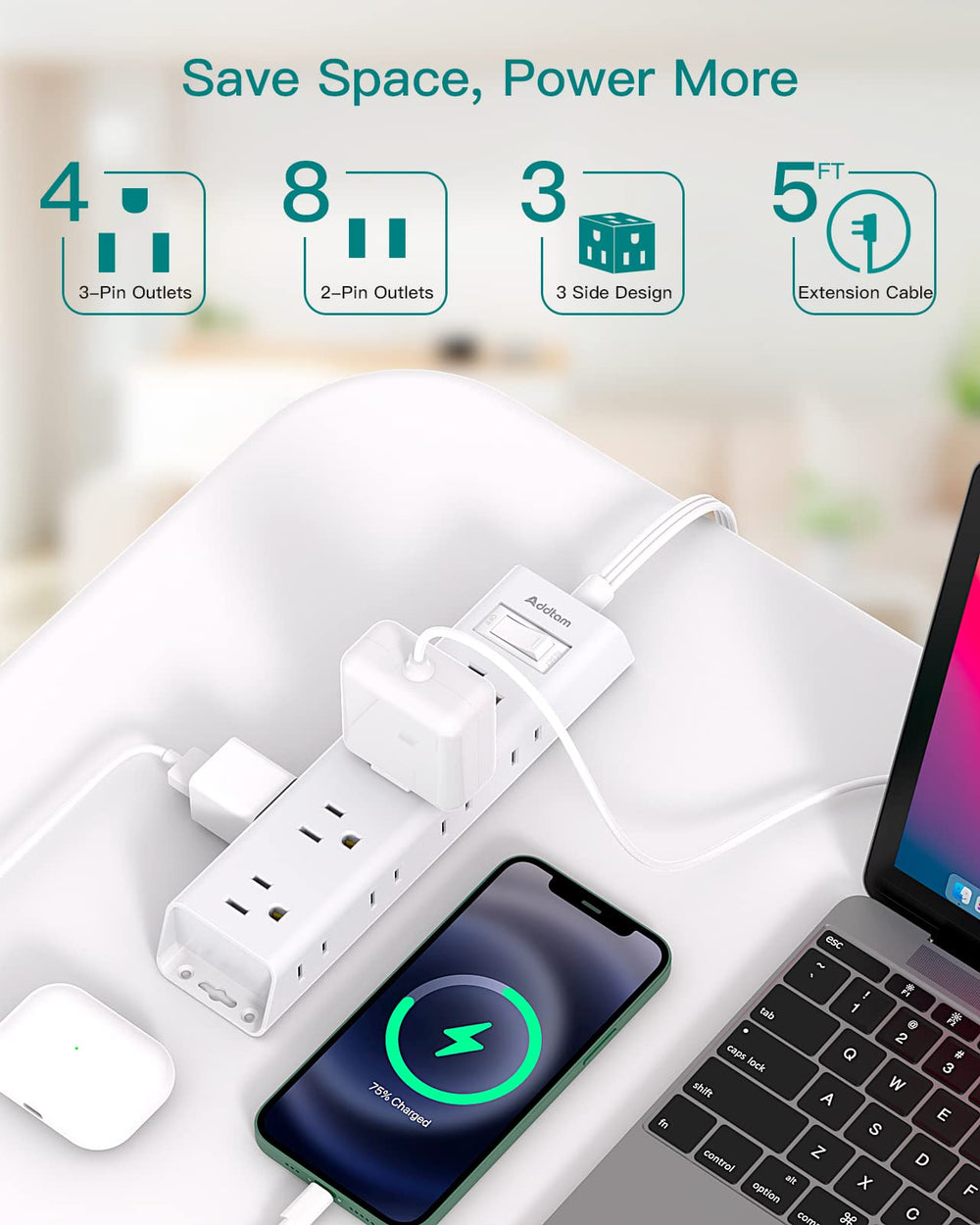 Addtam power strip wall-mount ready for secure desk or wall setup