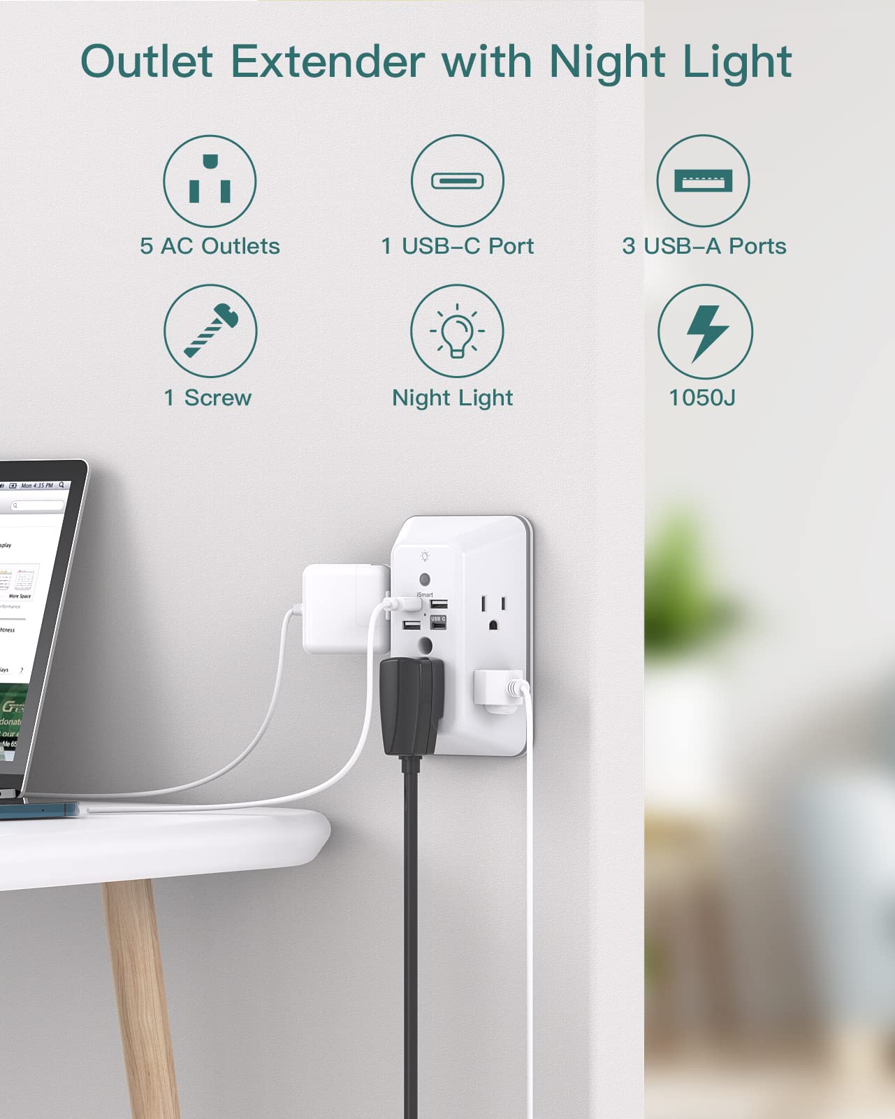 Addtam soft dusk-to-dawn night light along the outlet edge for nighttime visibility.