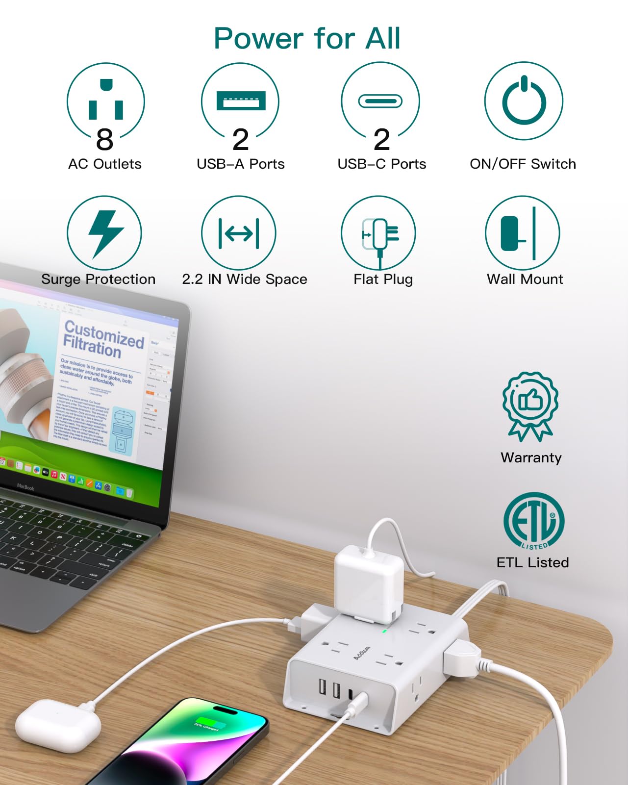 Addtam space-saving 3-side design outlets fit bulky adapters efficiently.