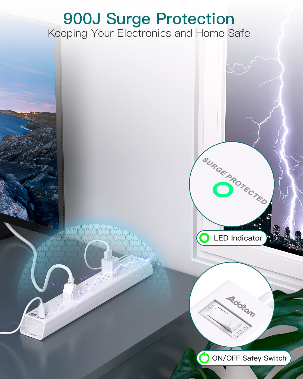 Addtam surge protection 900J helps protect electronics from surges.