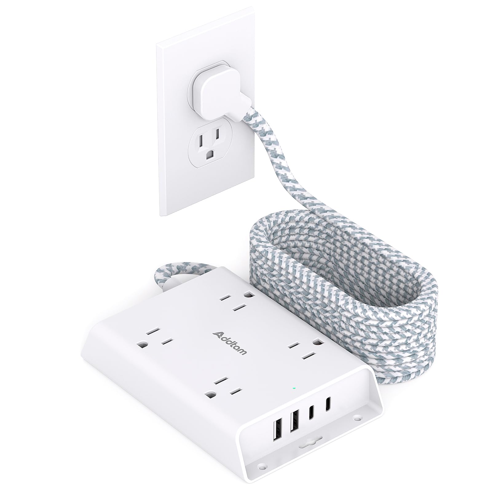 Addtam surge protector with 10 ft flat plug for tidy bedroom power setup.