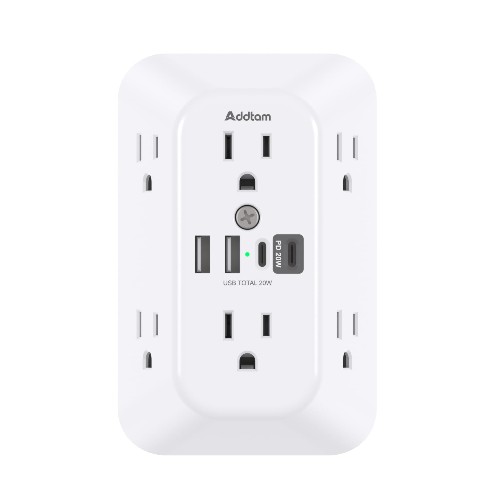 Addtam surge protector with six outlets and four USB ports arranged for a clutter-free workspace