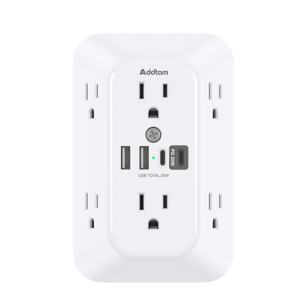 Addtam surge protector with six outlets and four USB ports arranged for a clutter-free workspace