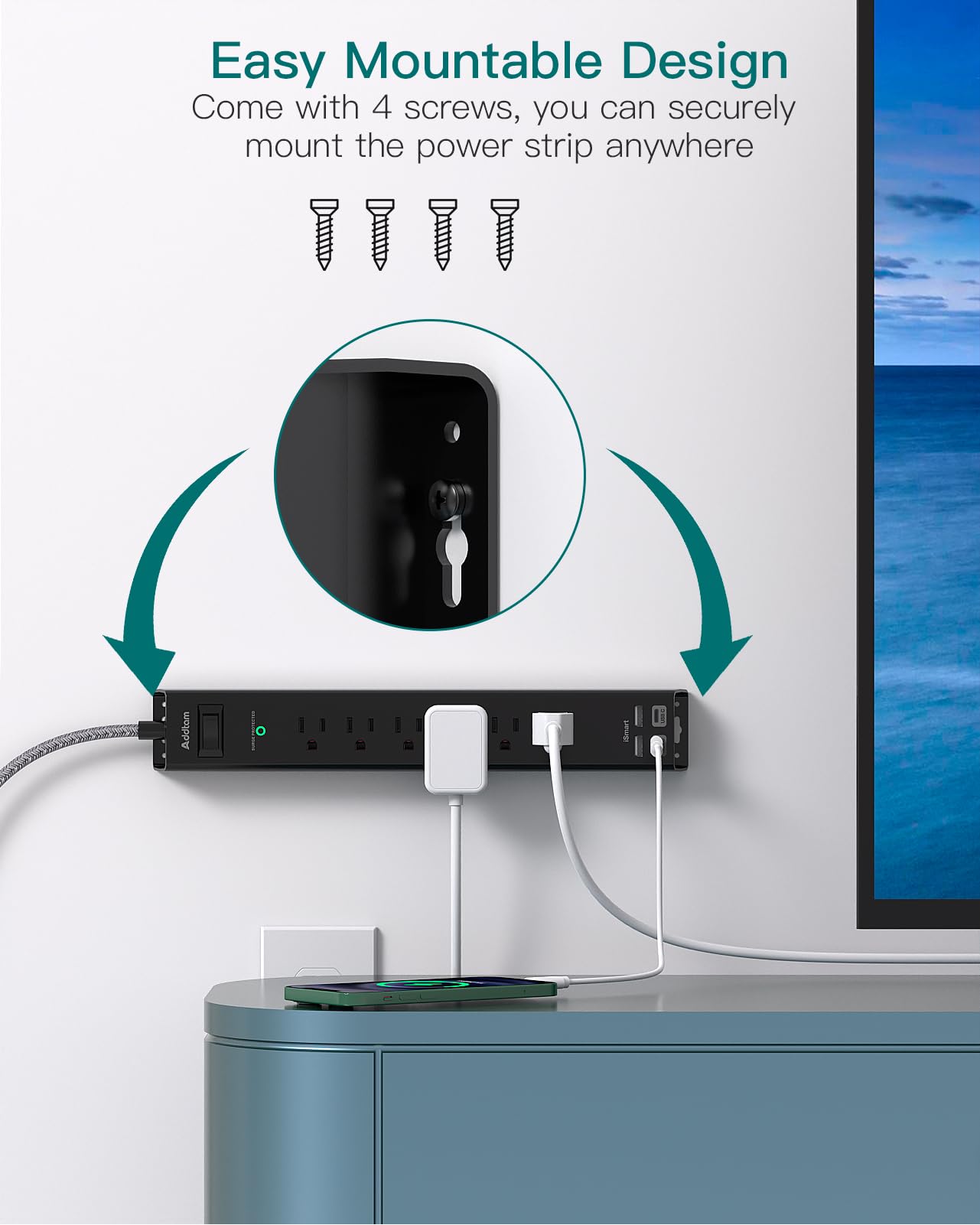 Addtam 5-foot heavy-duty cord offers flexible reach.
