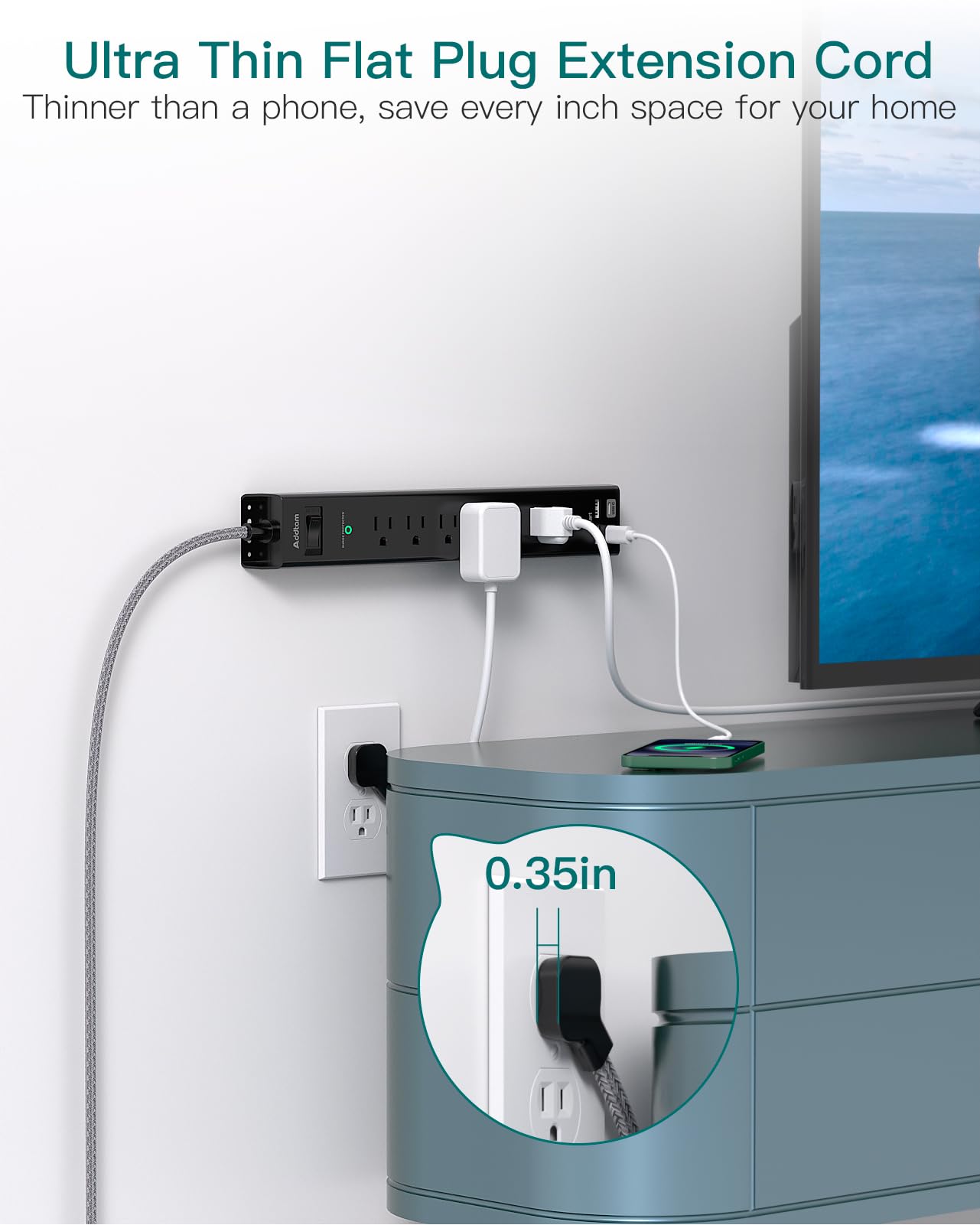 Addtam Flat plug design at a 45-degree angle fits behind furniture.