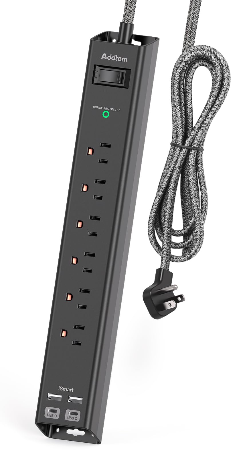 Addtam Surge Protector front view with slim profile saves desk space.