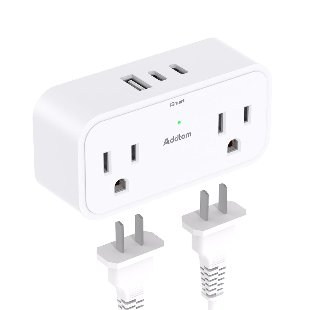 Addtam surge protector outlet extender with four outlets and three USB ports for clutter-free power.