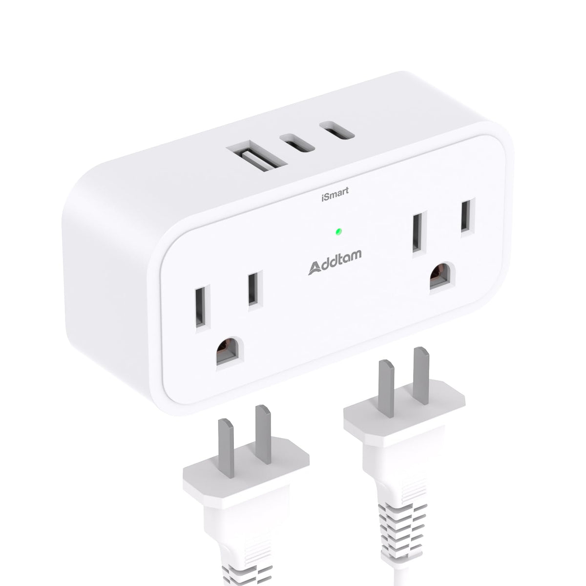 Addtam surge protector outlet extender with four outlets and three USB ports for clutter-free power.