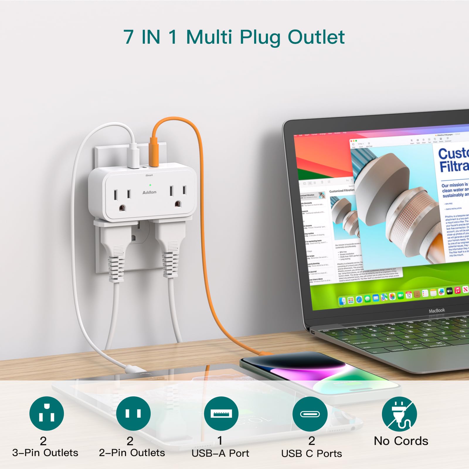Addtam surge protector side view showing compact 0.2 lb design for travel.