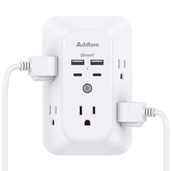 Addtam surge protector outlet extender shows five outlets and four USB ports for clutter-free desks.