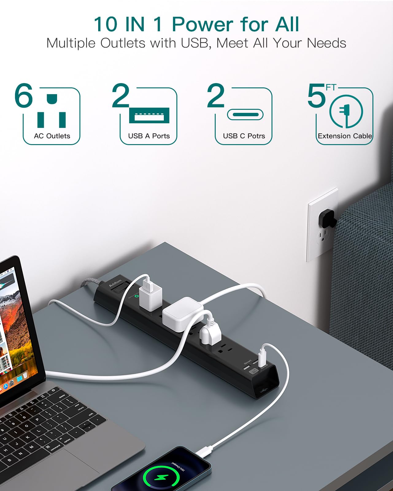 Addtam USB ports including USB-C for fast device charging.