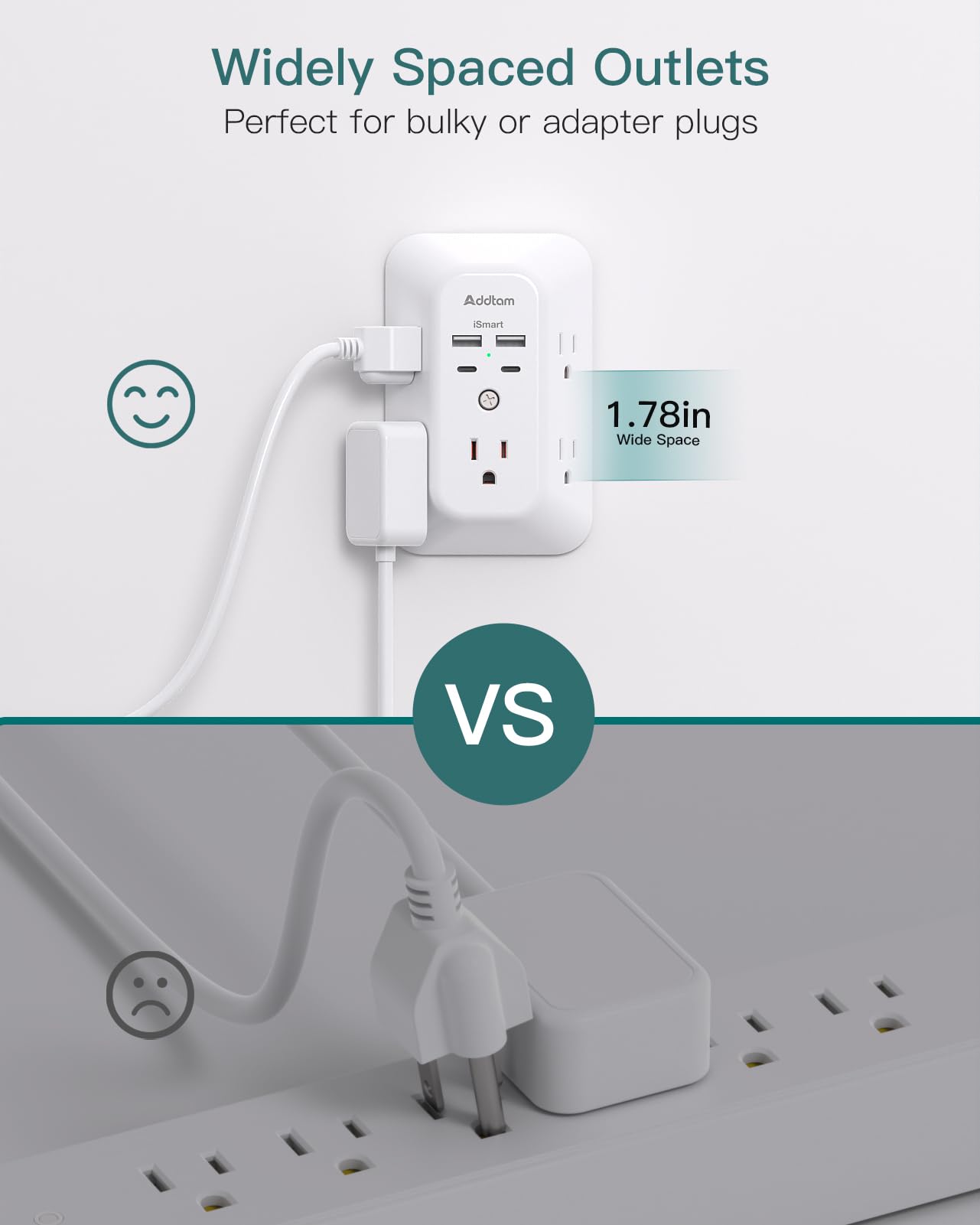 Addtam three-sided design and ample spacing improve outlet access.
