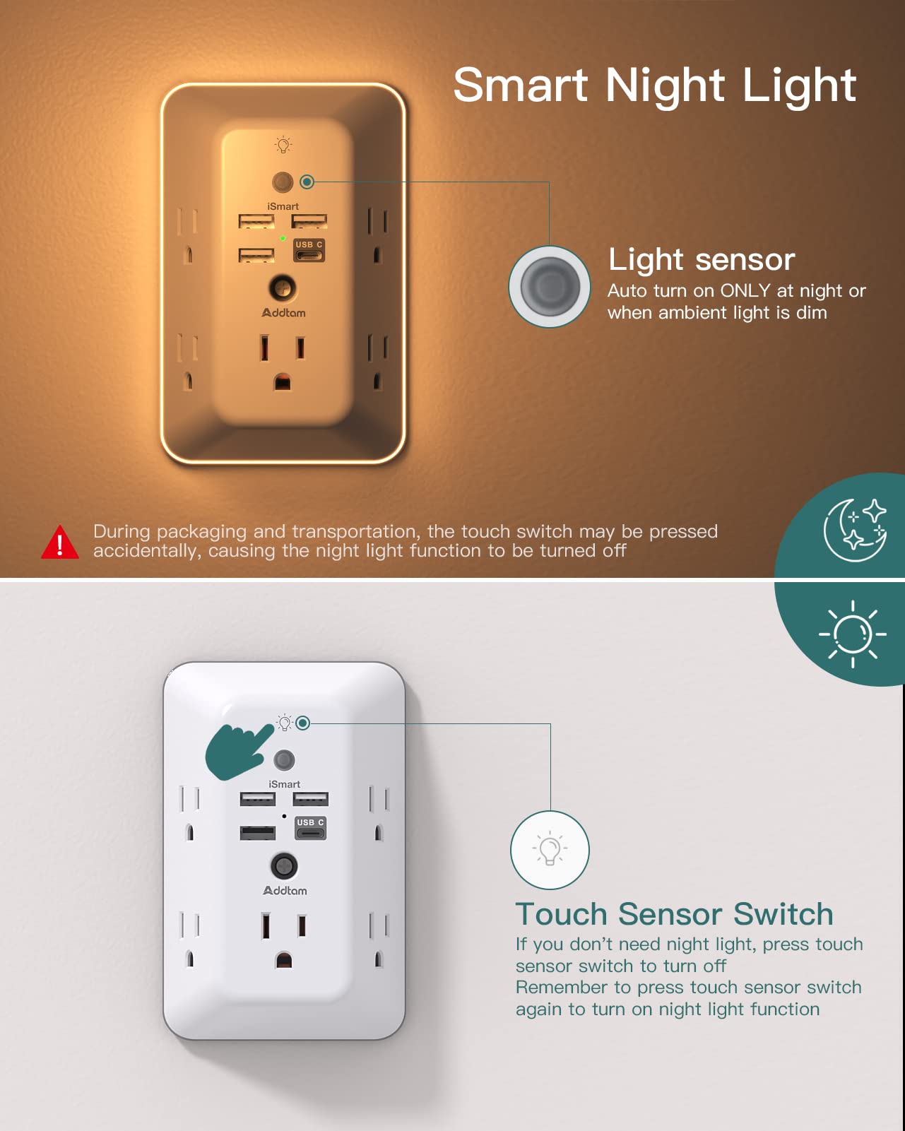 Addtam three-sided design offers wide spacing for bulky plugs and adapters.
