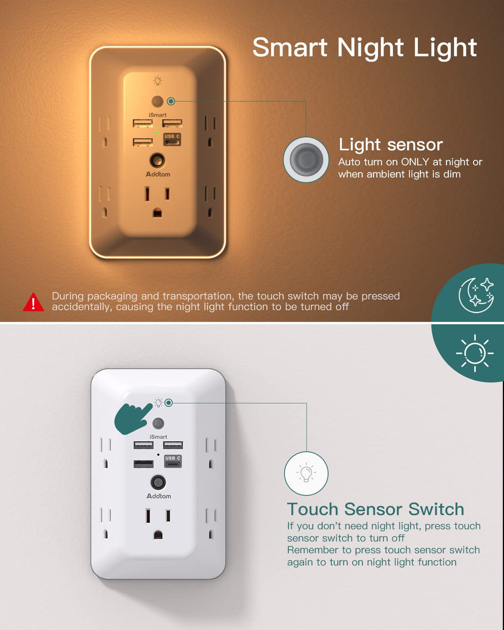 Addtam three-sided design offers wide spacing for bulky plugs and adapters.