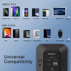 Addtam three‑sided power strip with wide spacing designed for accessible outlets.