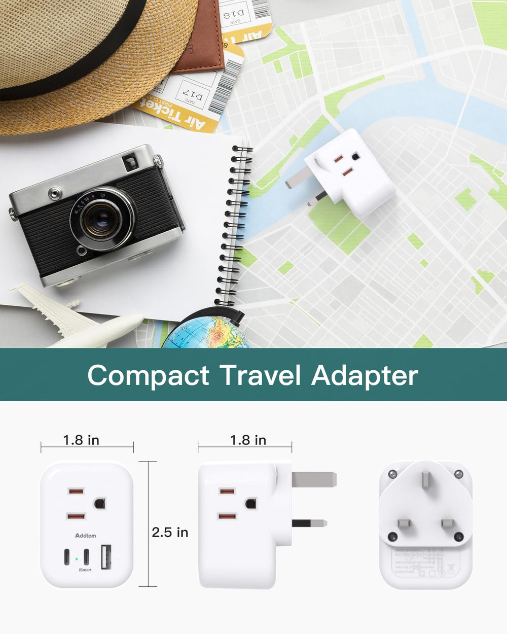 Ideal for hotel rooms and dorms during travel with Addtam travel adapter.