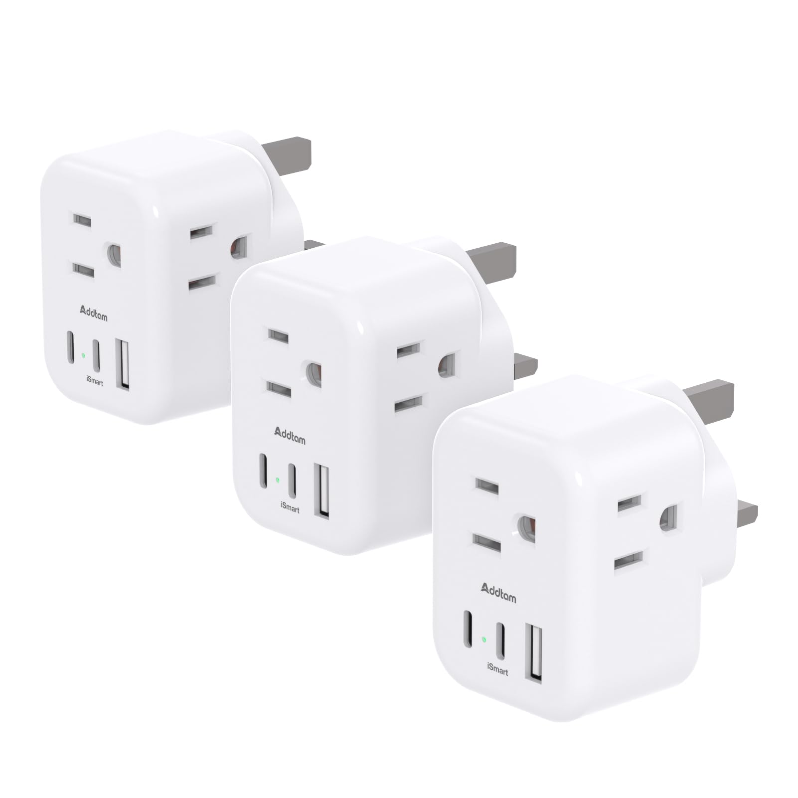 Addtam Type G travel plug with three outlets and USB ports for simultaneous charging.