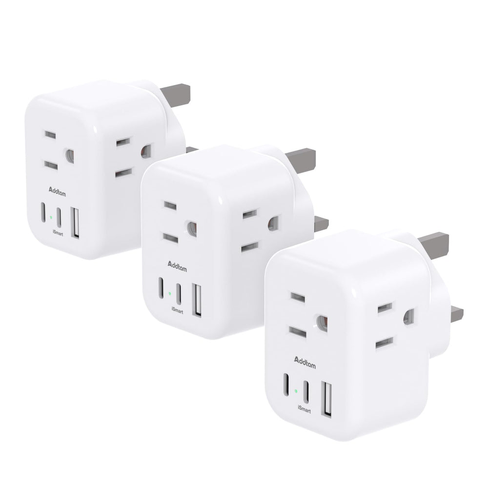 Addtam Type G travel plug with three outlets and USB ports for simultaneous charging.