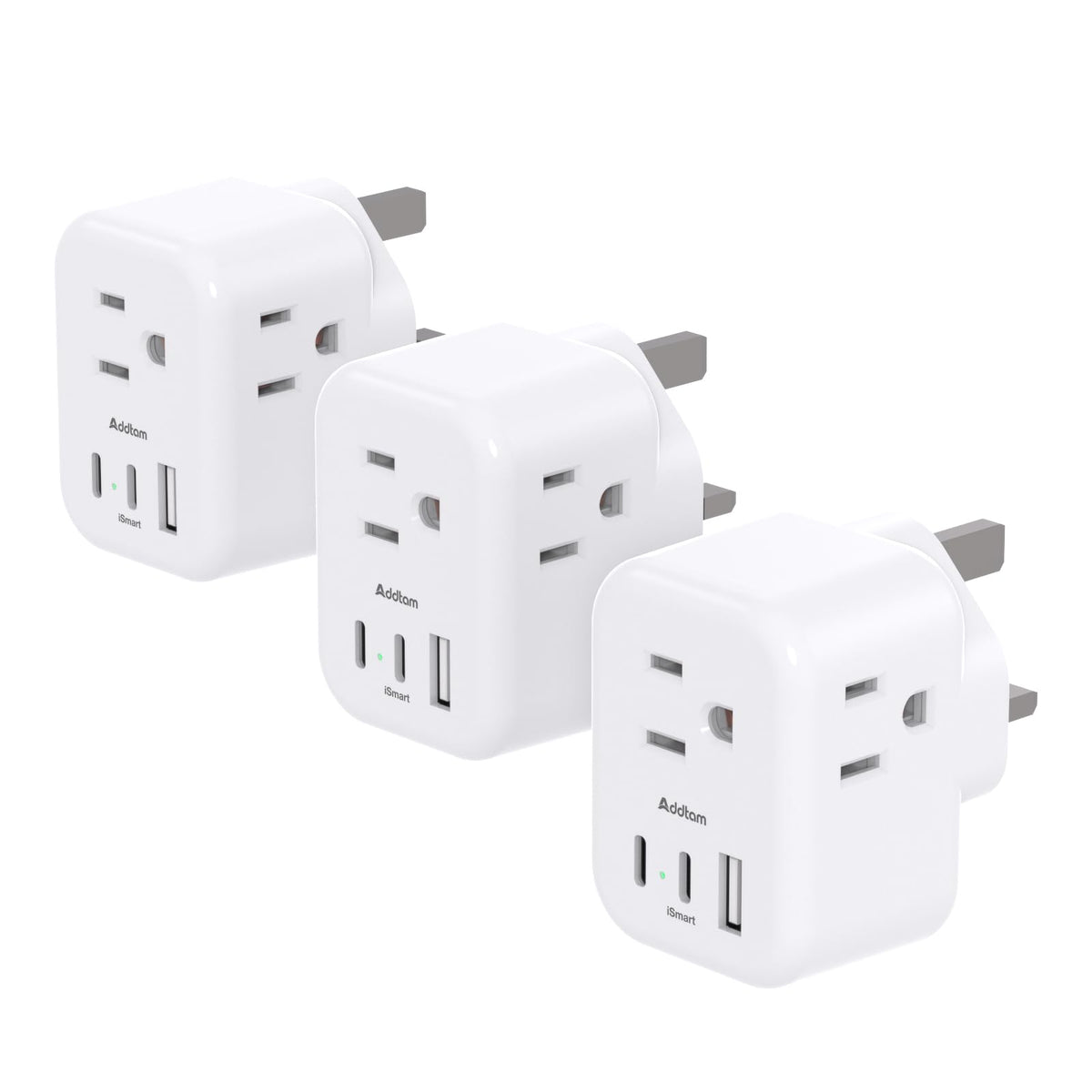 Addtam Type G travel plug with three outlets and USB ports for simultaneous charging.