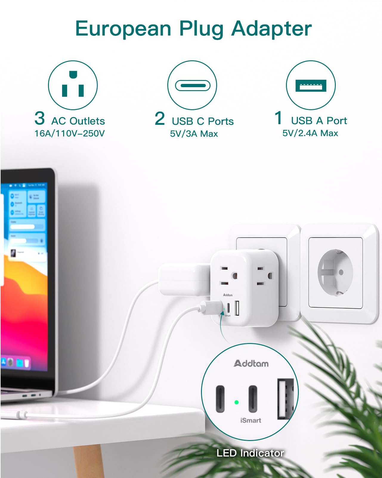Addtam adapter showing dual USB-C ports and USB-A for fast device charging.