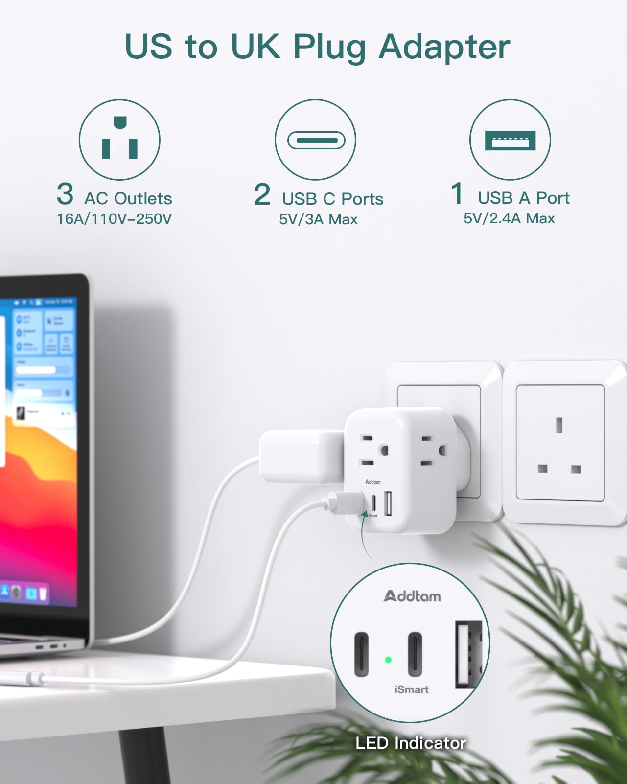 Compact UK plug adapter by Addtam fits easily into luggage or backpack.