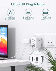 Compact UK plug adapter by Addtam fits easily into luggage or backpack.