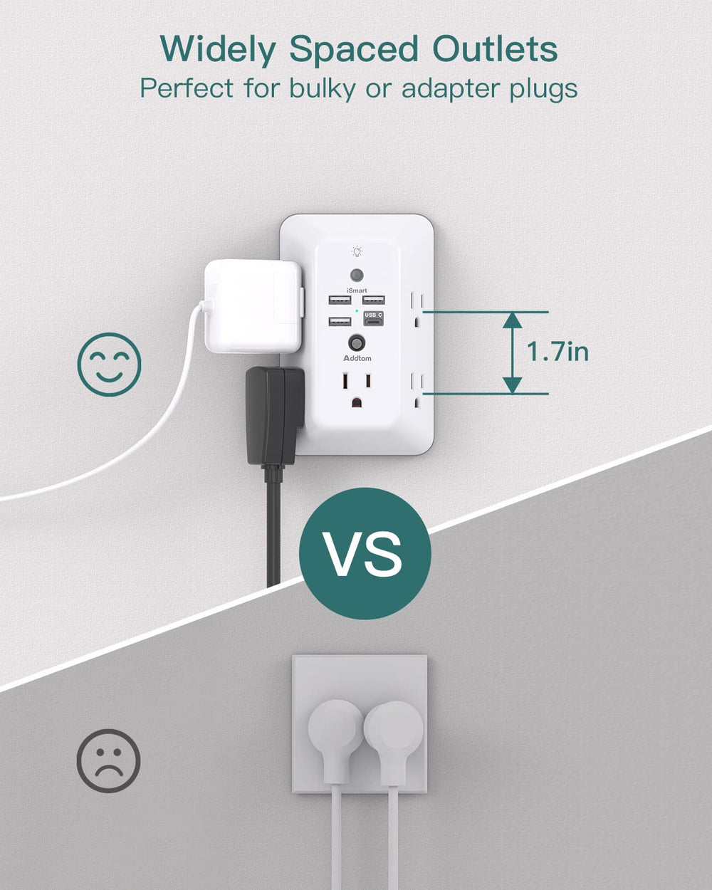 Addtam USB-A ports provide up to 2.4A for smartphones and accessories.