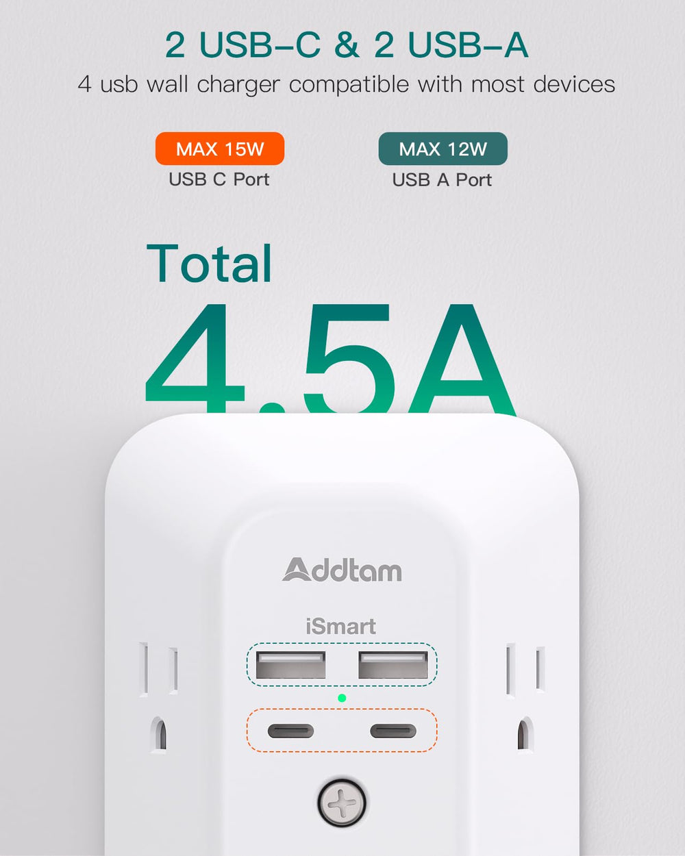 Addtam smart charging detects devices and optimizes USB speed automatically.