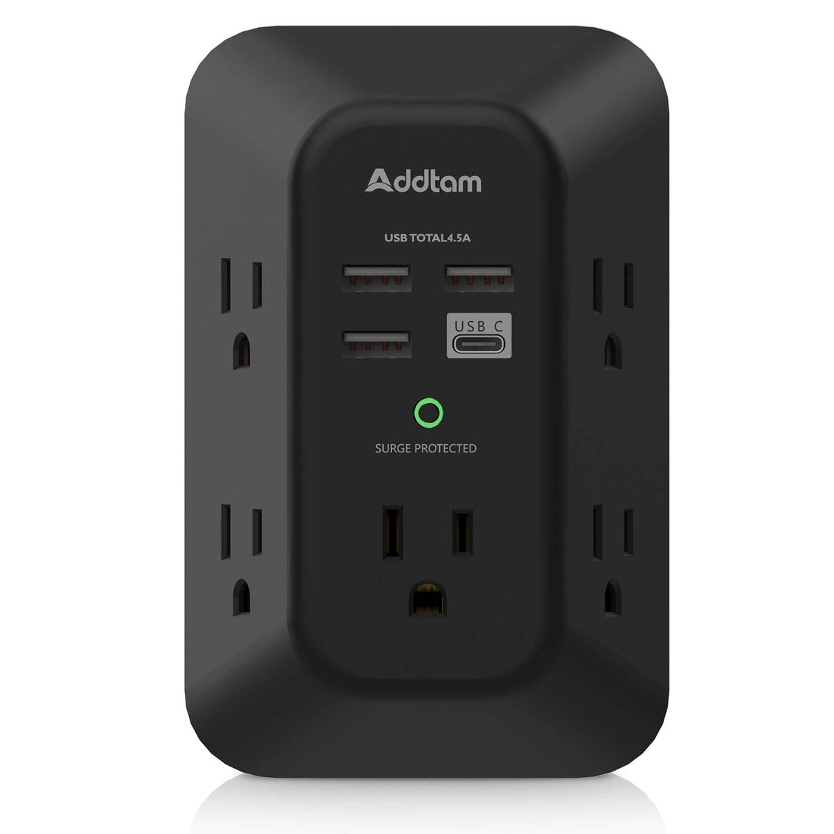 Addtam USB Wall Charger with 5 outlets, side view showing space for bulky adapters.