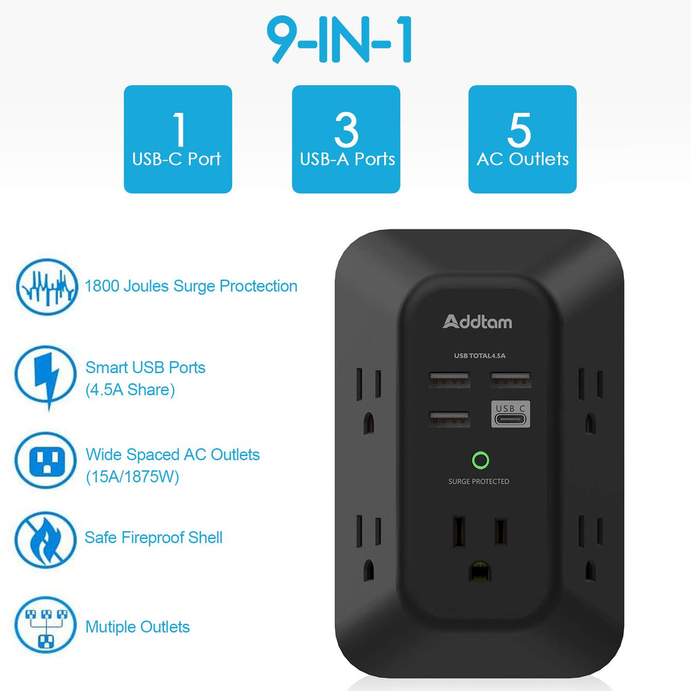 Addtam USB Wall Charger with 4 USB ports and USB‑C, front view for easy access.