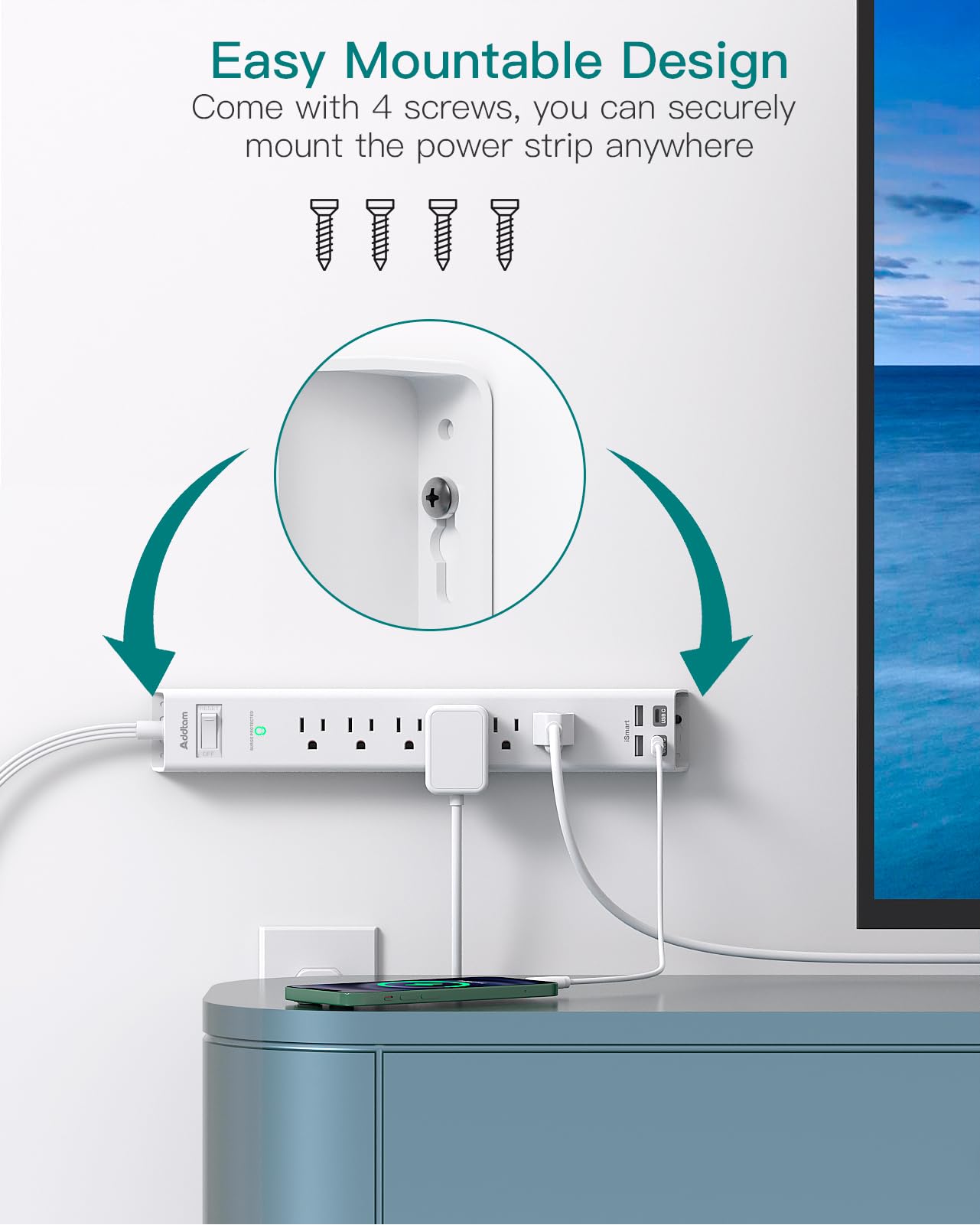 Addtam wall-mountable design keeps cords neat on walls or desks.