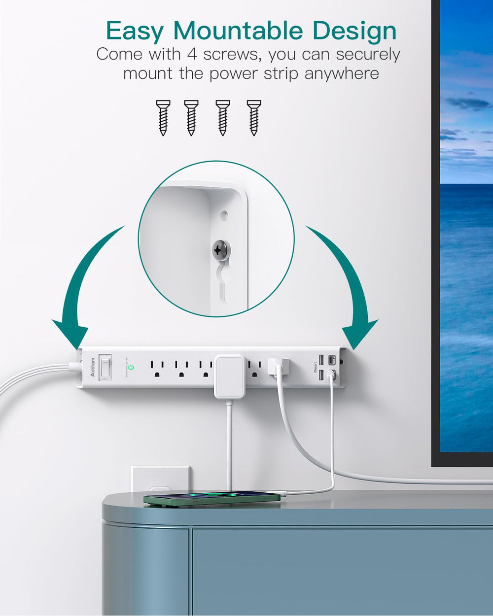 Addtam wall-mountable design keeps cords neat on walls or desks.