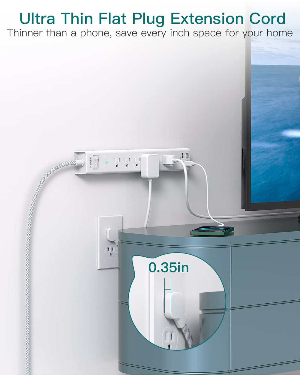 Addtam wall-mountable power strip secures neatly on desk or wall.