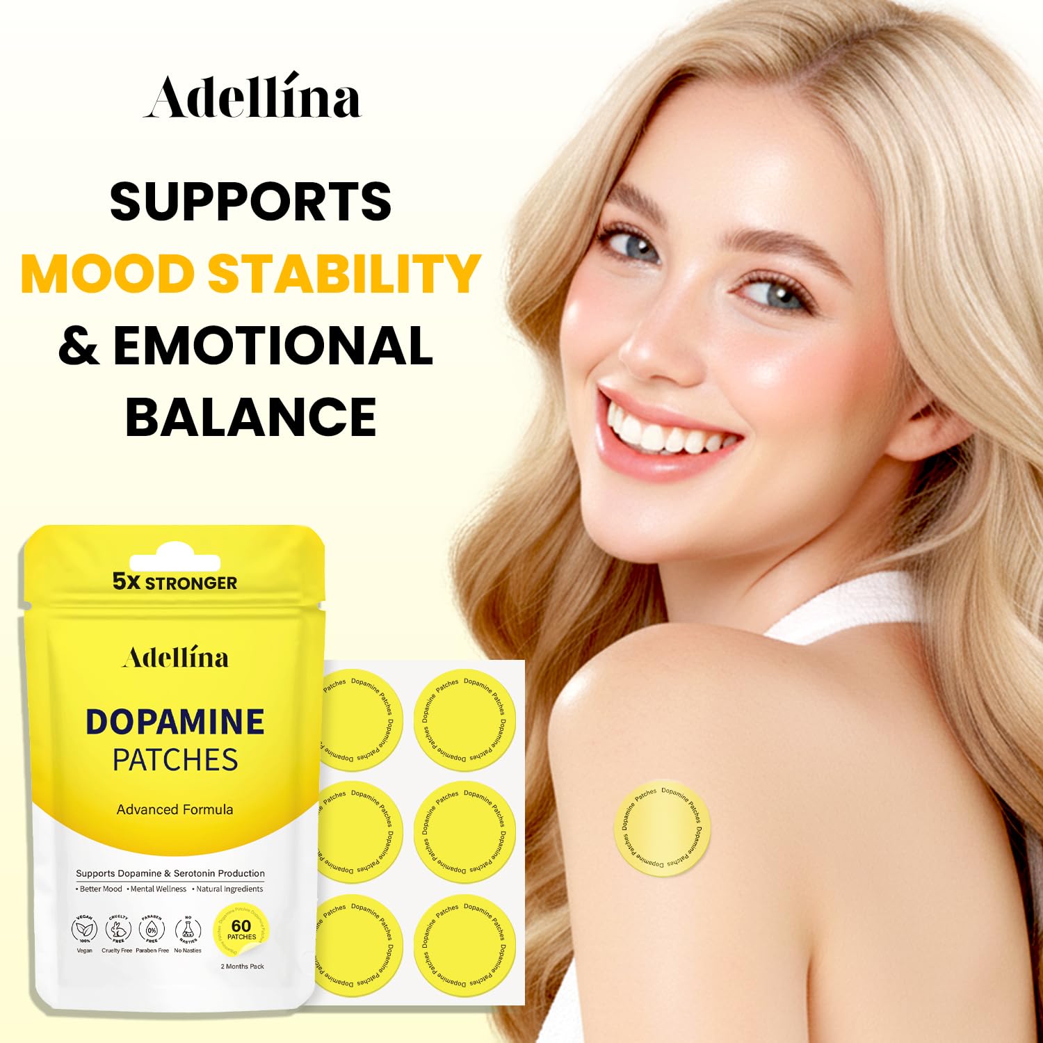 Adellina Dopamine Patches applied area demonstrates patch placement on skin