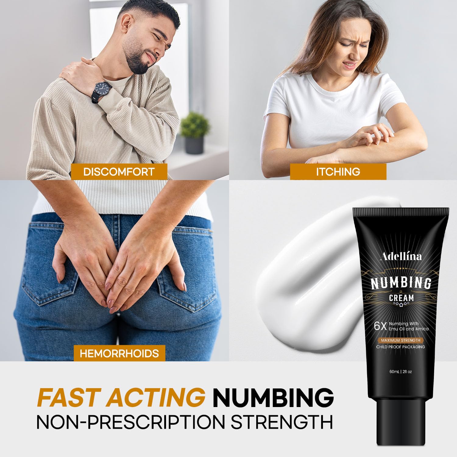 Adellina Numbing Cream applied to skin for temporary relief.
